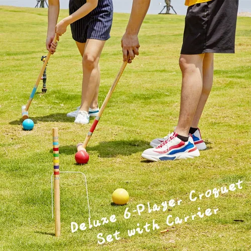 Vista 6 de ApudArmis Juego de Croquet para Seis Jugadores con Mazos de Madera de Goma Premium de 28 Pulgadas, Pelota de Colores, Arcos, Estacas – Juego
