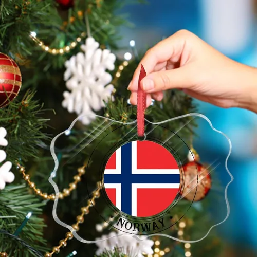 Vista 5 de Bandera nacional de Noruega, adornos de Navidad patrióticos 2023, decoraciones de Navidad para árbol, adornos acrílicos transparentes, colgante