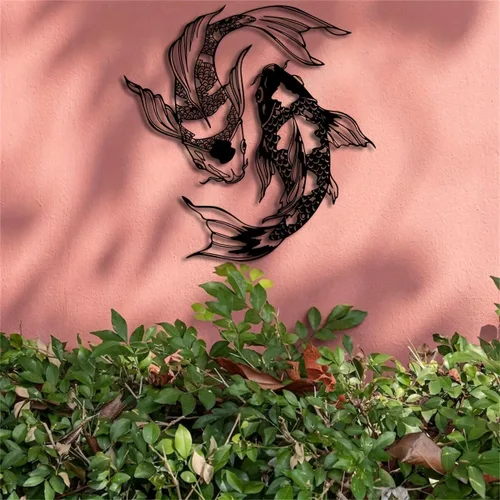 Vista 7 de YBLCOZYC 2 piezas de arte de pared de pez koi, escultura de pescado de Feng Shui de metal, adorno colgante para interiores y exteriores, con regalo
