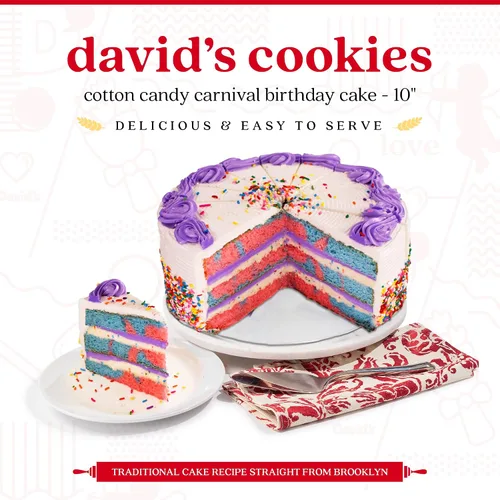 Vista 2 de David's Cookies Pastel de Cumpleaños Carnival de Algodón de Azúcar de 10" - Postre Fresco de Panadería en Capas para Entrega - Precortado