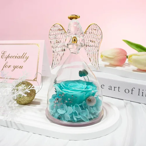Vista 3 de Sunia Regalos para mamá, regalos de cumpleaños para mujeres, rosas reales preservadas en figura de ángel de cristal, flores eternas para la entrega