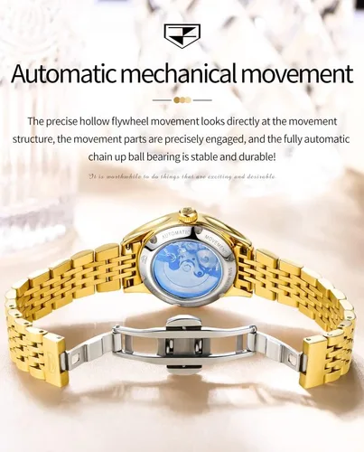 Vista 7 de OLEVS Relojes automáticos para mujer, mecánicos, cuerda automática, vestido de lujo, esfera de diamante, correa de acero inoxidable, impermeable