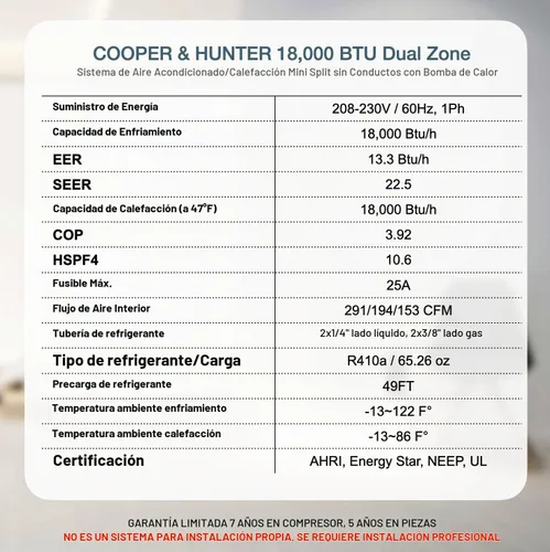 Vista 4 de Cooper & Hunter 18,000 BTU Dual 2-Zona 9K + 9K BTU Montaje en Pared Mini Split Aire Acondicionado y Bomba de Calor Sin Conductos – 22.5 SEER – Kits