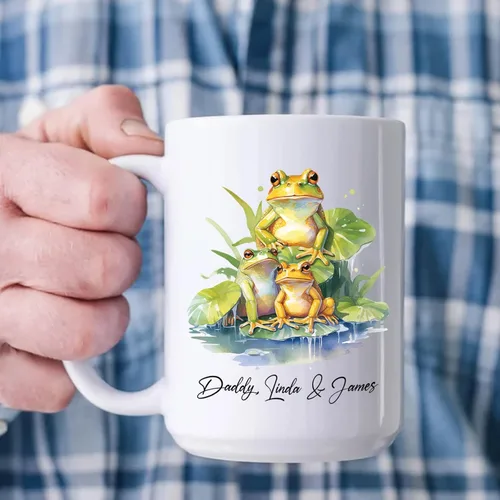 Vista 3 de Tazas de la familia de ranas, taza personalizada para amantes de los animales, taza de café para papá regalo de niños, taza de cerámica