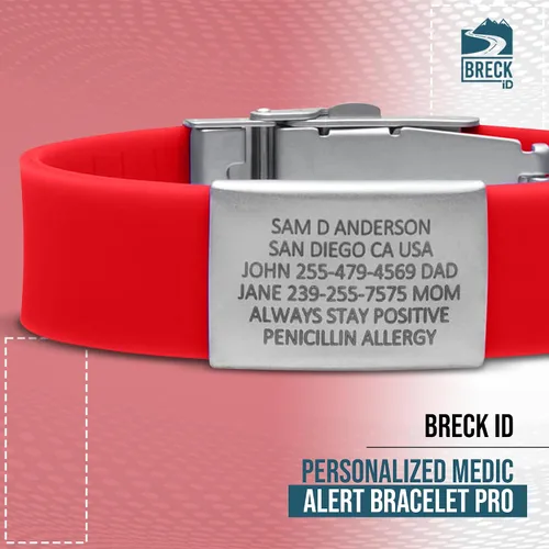 Vista 6 de Pulsera de alerta médica PRO personalizada - Identificación de silicona roja para hombres y mujeres