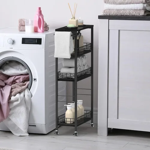 Vista 4 de Carrito de almacenamiento delgado de 4 niveles, carrito de cocina rodante, carrito de servicio utilitario, carrito estrecho para lavandería con asa
