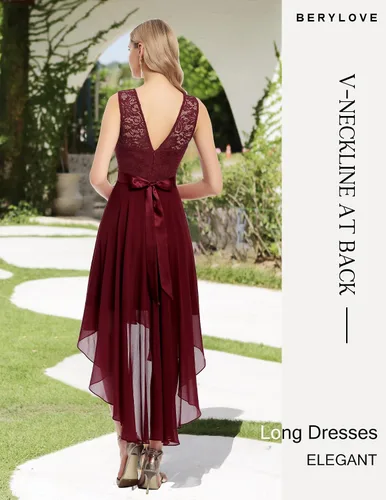 Vista 3 de BeryLove Vestido formal de lentejuelas para invitados de boda, cóctel, fiesta de graduación, encaje alto y bajo, vestido elegante para dama de honor