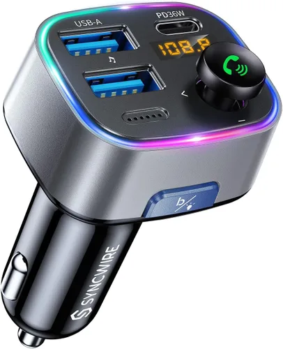 Vista 10 de Syncwire Bluetooth 5.4 Transmisor FM Adaptador de coche 48W (PD 36W y 12W) [Interruptor de luz] [Sonido de bajo HiFi] [Carga rápida] Adaptador