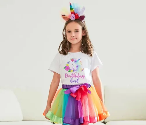 Vista 4 de Doctor Unicorn Conjunto de cumpleaños para niñas, vestido con falda de tutú, camiseta de unicornio, diadema y banda de satén