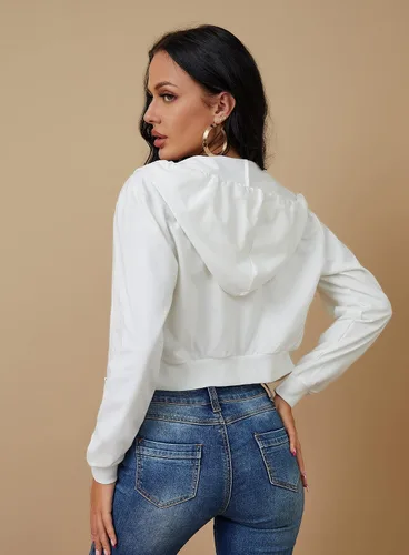 Vista 5 de Sudaderas con capucha y cremallera para mujer, chaqueta recortada, con cordón, sudadera casual de manga larga