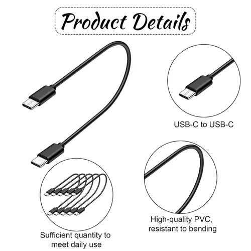 Vista 3 de Paquete de 10 cables USB C a USB C de 1 pie, cable USBC corto, negro