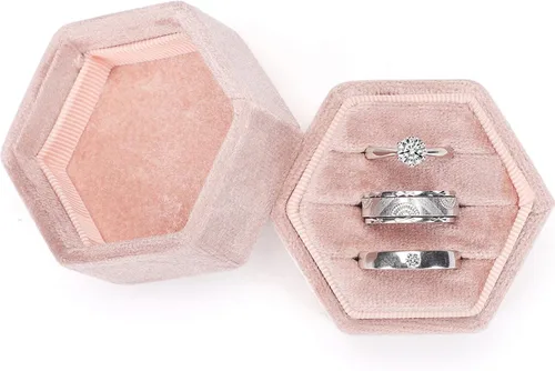 Vista 15 de WantGor Caja del anillo de la joyería del terciopelo, 3 ranuras anillo Beige