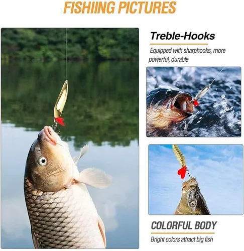 Vista 6 de DONQL Spoon Fishing Lures, Metal Fishing Spoon Lures Hard Baits Saltwater Fishing Lures Spinner Baits Fish Treble Hooks Tackle Salmon Bass