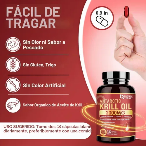 Vista 5 de NATURE TARGET Aceite de krill 2000 mg con Omega-3 y Astaxantina, 120 cápsulas blandas Omega 3 EPA and DHA with Choline, Helps Support Heart