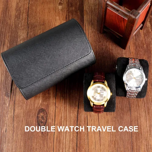 Vista 5 de Funda de viaje para reloj para hombres y mujeres, almacenamiento y organizador de 2 relojes con innovadoras almohadas extraíbles y separadores
