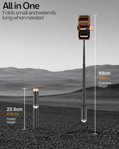 Vista 3 de Trípode selfie stick para iPhone y Android, soporte de trípode portátil para teléfono con control remoto Bluetooth, apertura de un clic, compacto