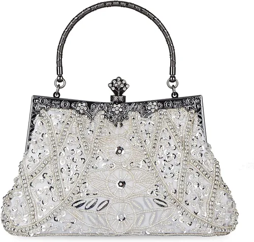 Vista 7 de Bolso de estilo vintage con cuentas de lentejuelas bolso de noche de fiesta de boda bolso de embrague de diamantes de imitación, plateado