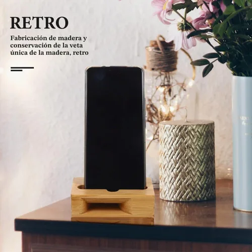Vista 3 de Soporte de madera de bambú para teléfono con amplificador de sonido, soporte universal de escritorio para ver videos y llamadas, compacto, 3.9 x 2.4
