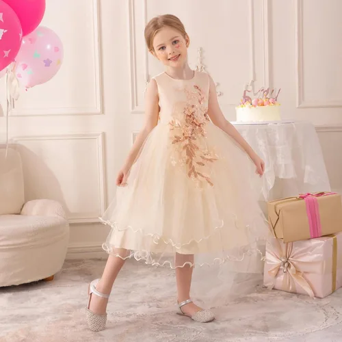 Vista 5 de Vestido formal para niña de flores, vestido formal para fiesta de cumpleaños, boda, bordado floral, vestidos de satén de tul para niños de 2 a 12
