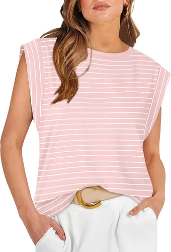 Vista 19 de WIHOLL Camisetas de mangas casquillo para mujer, camisetas básicas de verano, camisetas informales sin mangas, ajuste holgado, a la moda D - Raya