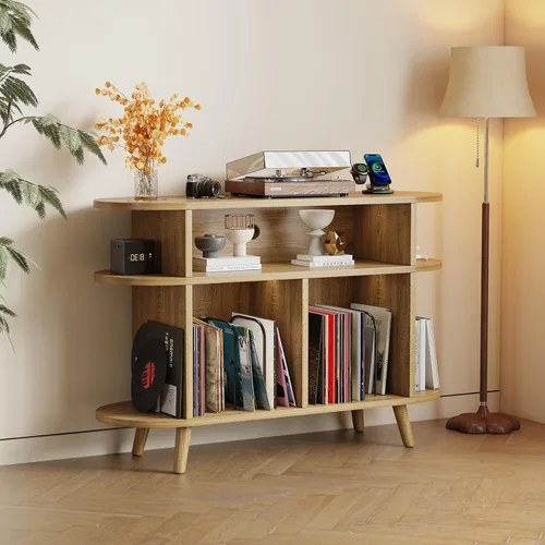 Vista 10 de LIVEHOM Soporte redondo grande para tocadiscos, armario de almacenamiento de discos de madera, soporte para discos de vinilo con área