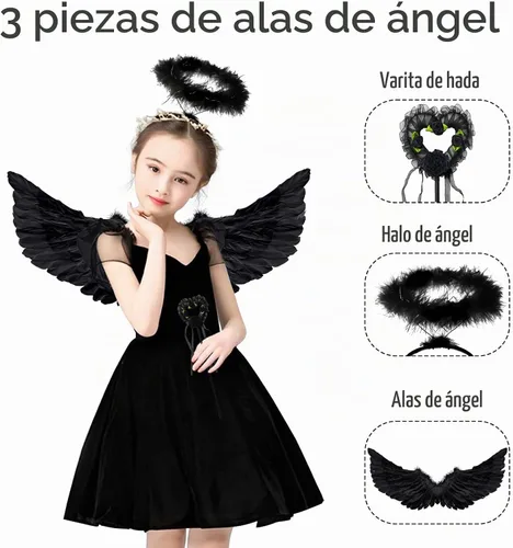 Vista 3 de Alas de ángel, alas de ángel y halo para mujer, disfraz de disfraz de Navidad y Halloween Negro