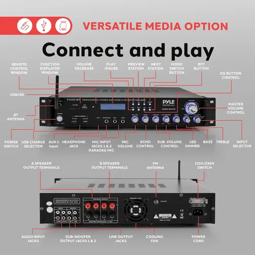 Vista 5 de PYLE Receptor de preamplificador Bluetooth multicanal – 2000 vatios audio para el hogar altavoz estéreo receptor estéreo con radio, USB