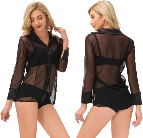 Vista 3 de Linkie Junkie Camiseta transparente de manga larga para mujer con botones sexy casual con botones Arcoiris Rainbow