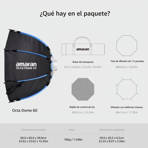 Vista 7 de amaran Octa Dome 60 Softbox, caja de luz octogonal Bowens de un solo broche