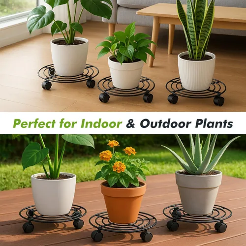 Vista 6 de Paquete de 3 organizadores grandes de metal para plantas con ruedas de 13.8 pulgadas, soporte rodante resistente con ruedas para macetas