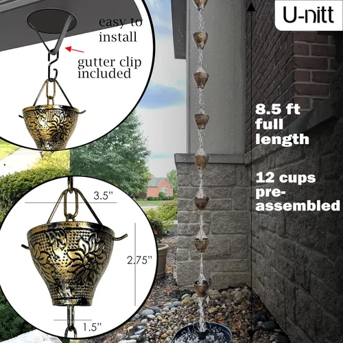 Vista 3 de U-nitt Cadena de lluvia colección de agua para canalones, atrapador de agua de lluvia y desviador, cadenas de 8.5 pies para jardín exterior, copas