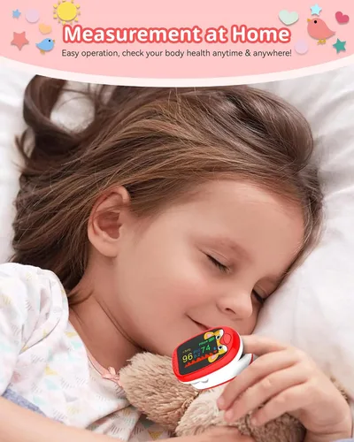 Vista 4 de Oxímetro de pulso para niños (de 2 a 12 años) recargable para niños, monitor de oxígeno y corazón, medidor de oxígeno en sangre en la punta
