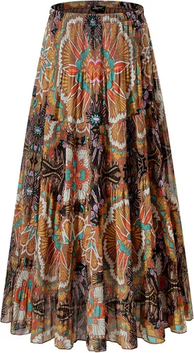 Vista 35 de NASHALYLY - Faldas largas de gasa, acampanadas, plisadas, con cintura alta y elástica para mujer Albaricoque Rosa Floral