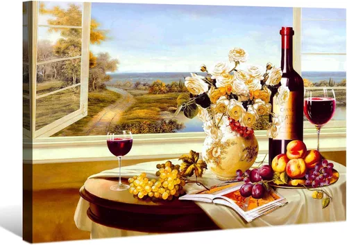 Vista 16 de Denozer - Arte de pared para cocina, lienzo, obras de arte de frutas, uvas, botellas de vino, alimentos, pintura en lienzo para comedor, decoración
