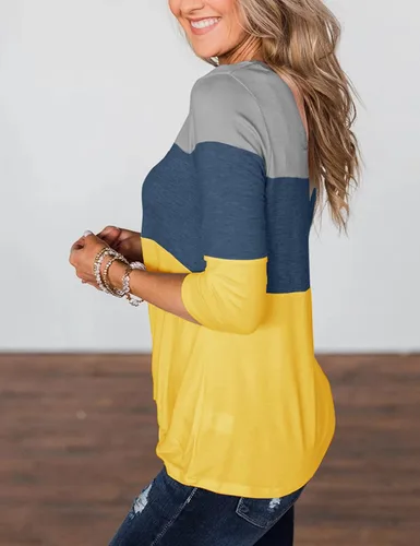 Vista 3 de Minthunter - Camisetas de media manga para mujer, blusas informales de primavera con cuello redondo y bloques