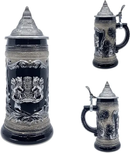 Vista 3 de OktoberfestHaus - Taza de cerveza con escudo de armas del Bayern alemán, escudo de armas con emblema de metal en color negro carbón con tapa