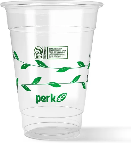 Vista 8 de Perk Staples Vaso frío plástico compostable, 12 onzas, transparente/verde, 300/cartón (PK56195)