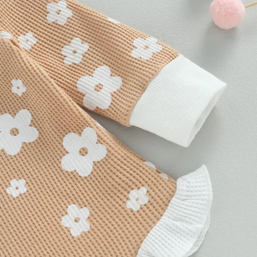 Vista 18 de Ropa de bebé recién nacida, sudadera floral de manga larga, mameluco con volantes, diadema de gofre, traje de otoño de una pieza