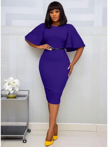 Vista 6 de Memoriesea - Vestido midi entallado con mangas cortas acampanadas con volantes para mujer
