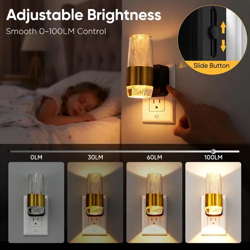 Vista 4 de Luz nocturna LED enchufable a la pared, paquete de 2 luces nocturnas acrílicas con brillo ajustable de 0-100 lúmenes, luz nocturna enchufable
