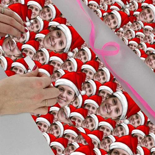Vista 4 de Papel de regalo personalizado con fotografía, “Merry Christmas” con sombrero de Navidad, papel de regalo personalizado “Happy Birthdays” con nombre