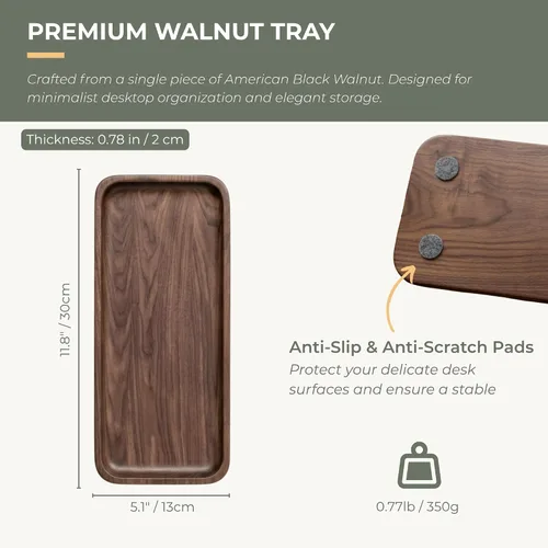 Vista 5 de Bandeja de Servicio Muso Nogal - Bandeja Rectangular Pequeña de Madera Maciza para Baño, Cena, Té, Café (29.97 cm x 12.7 cm)