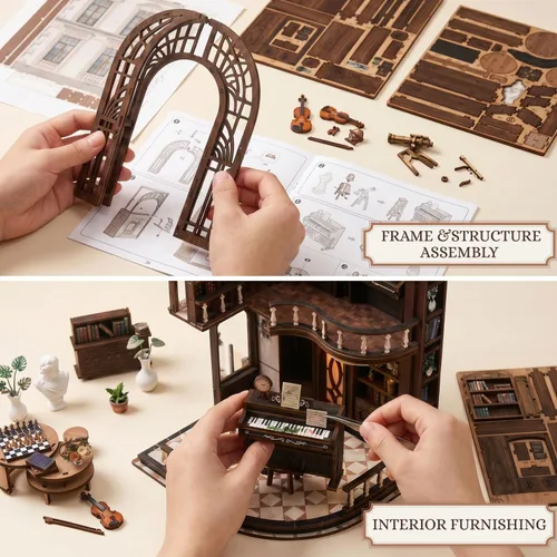 Vista 3 de FERAHI Kits de rincón de libros para adultos, decoración de rincón de libros con luz LED, kit de casa en miniatura, rompecabezas de madera 3D, kit