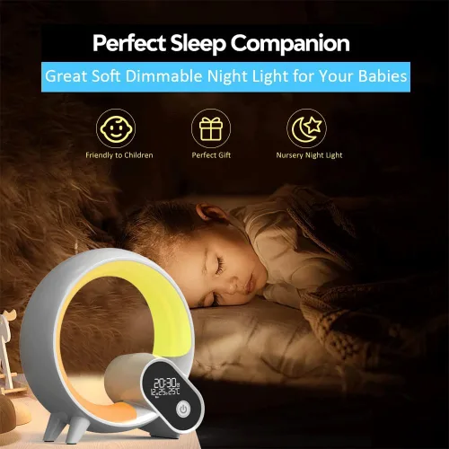 Vista 2 de Luz de despertador, reloj despertador inteligente para niños y bebés, máquina de sonido con 15 sonidos relajantes, altavoz Bluetooth, luz nocturna
