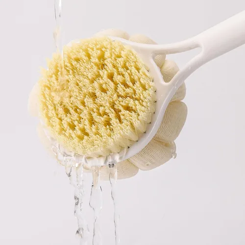 Vista 5 de BTYMS Cepillo de esponja de baño con mango largo para ducha de 17 pulgadas, cepillo exfoliante de doble cara, cepillo para el cuerpo de ducha