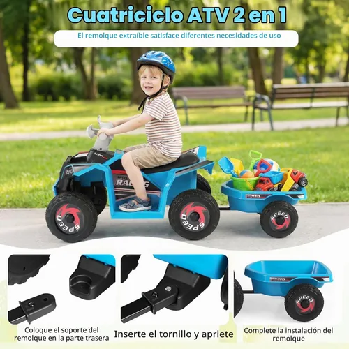 Vista 3 de Costzon Juguete ATV 2 en 1 6V para niños pequeños (con remolque, azul)