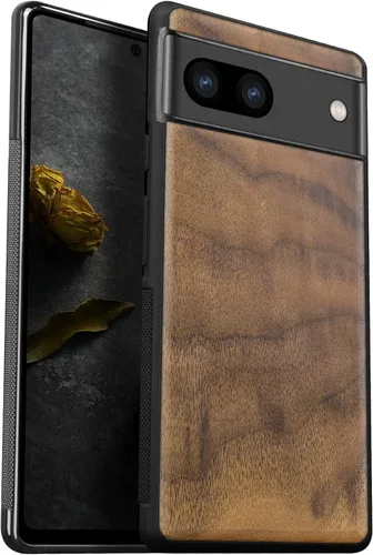 Vista 8 de Carveit Funda de madera para Pixel 7a [madera natural y TPU suave negro] a prueba de golpes, funda protectora de madera única y elegante compatible