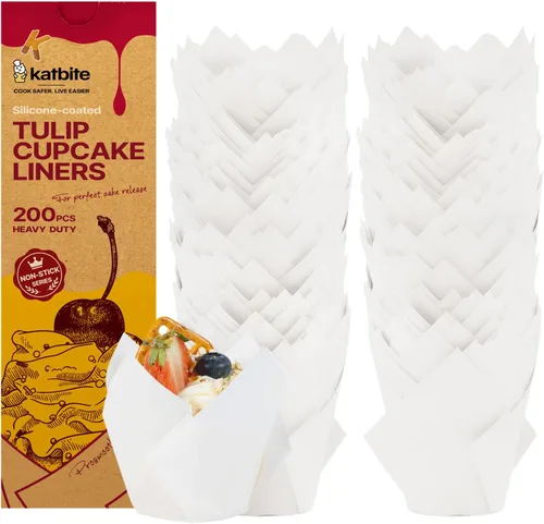 Vista 11 de Forros para magdalenas de tulipán Katbite 200 unidades, tazas para hornear magdalenas ProSmooth color marrón