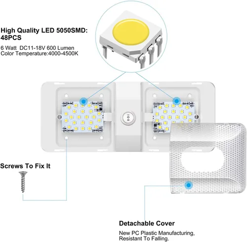Vista 4 de BlueFire 1 paquete de 1 luz LED superbrillante de CC de 12 V para techo de caravana, luz interior de doble cúpula con interruptor