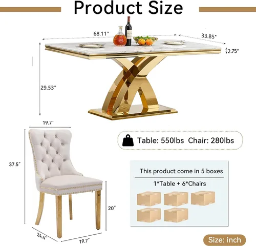 Vista 3 de Juego de mesa de comedor moderna de mármol sintético de oro blanco de 68 pulgadas para 6, juego de mesa rectangular de 7 piezas con patas de acero